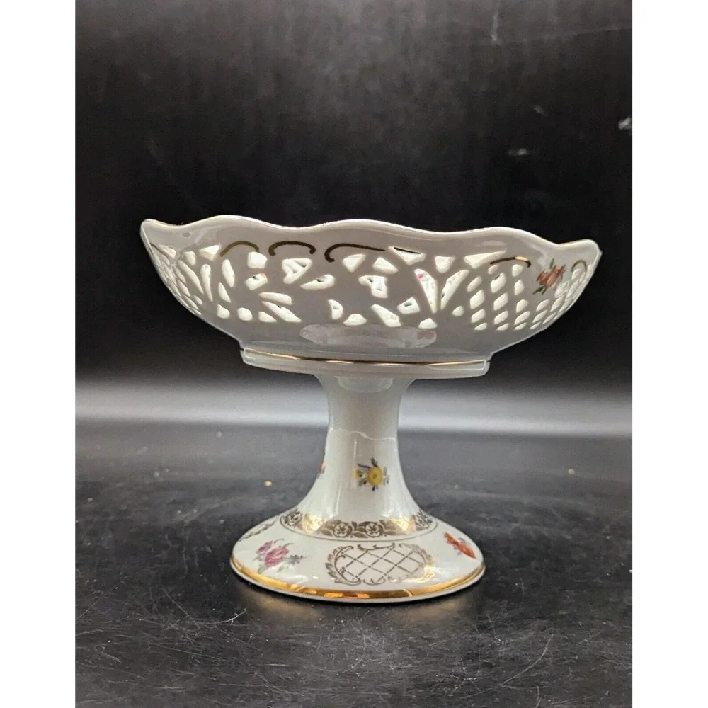 Schumann Dresden Hand Painted Round Floral Compote Pedestal Reticulated Bowl